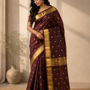 Classic Coffee Brown Golden Motif Saree - LOAB Fashion - View 1