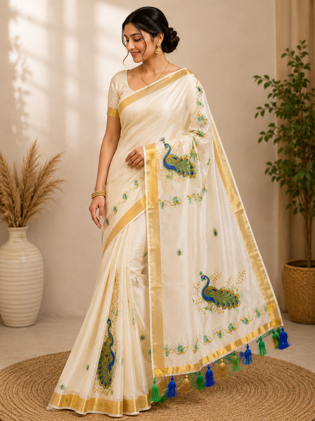 Peacock Elegance Ivory Saree Onam Edition - Image 2