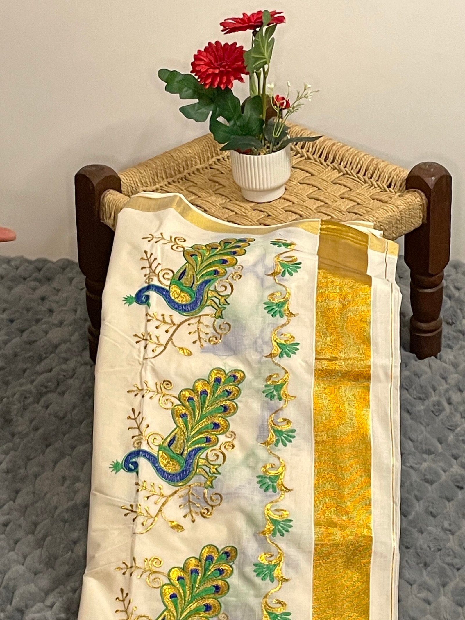 Peacock Elegance Ivory Saree Onam Edition - Image 6