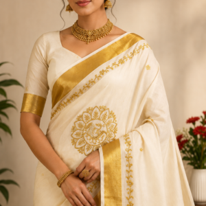 Elegant Ivory Gold Floral Embroidery Saree Onam Edition