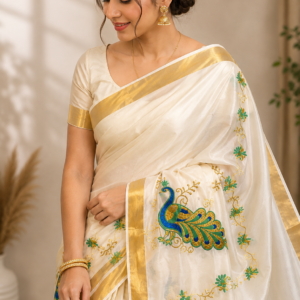 Peacock Elegance Ivory Saree Onam Edition