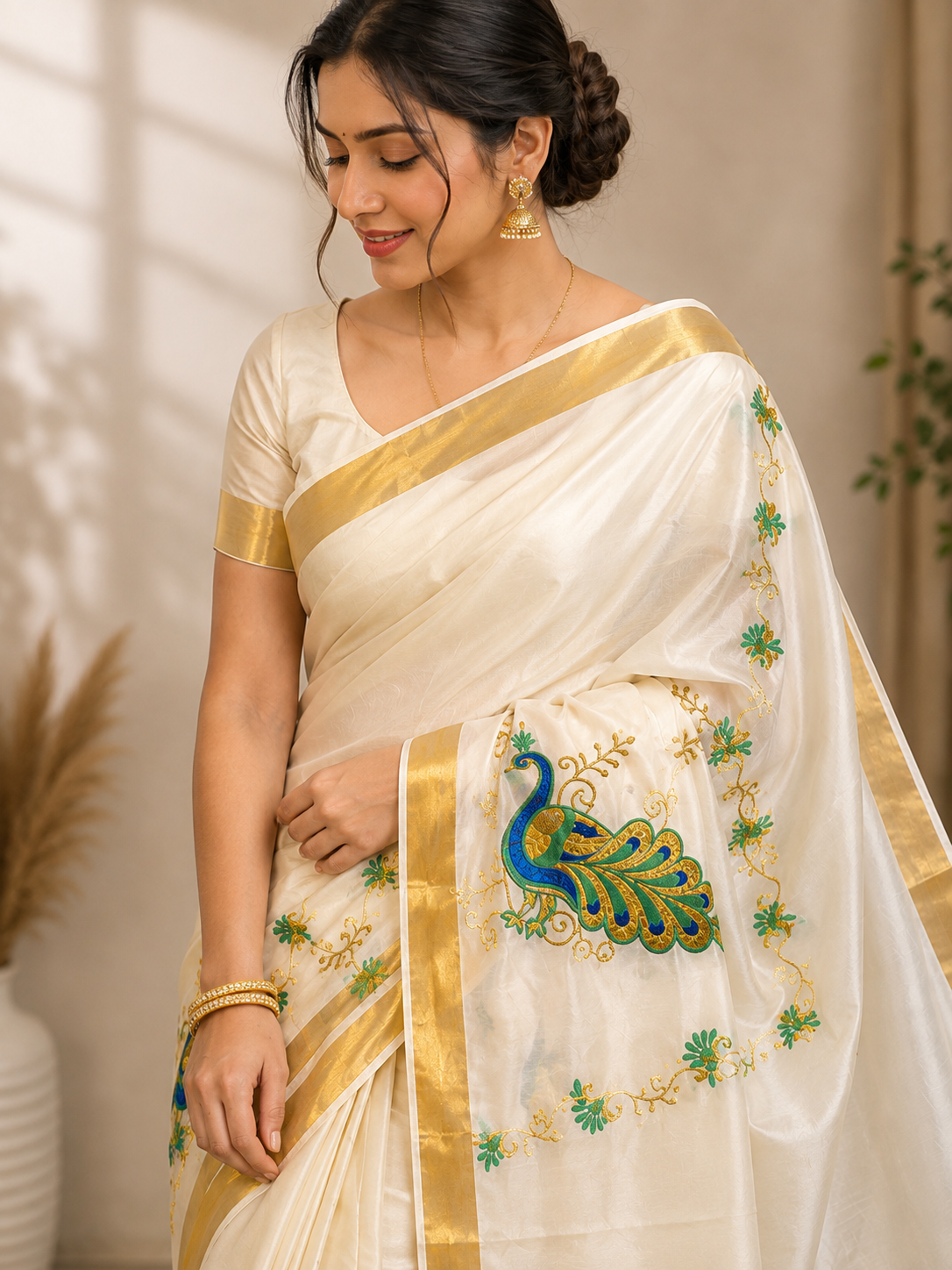 Peacock Elegance Ivory Saree Onam Edition