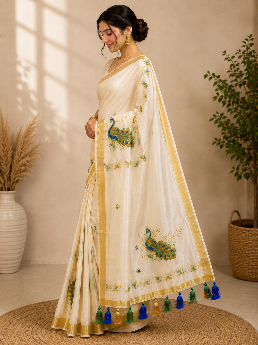 Peacock Elegance Ivory Saree Onam Edition - Image 3