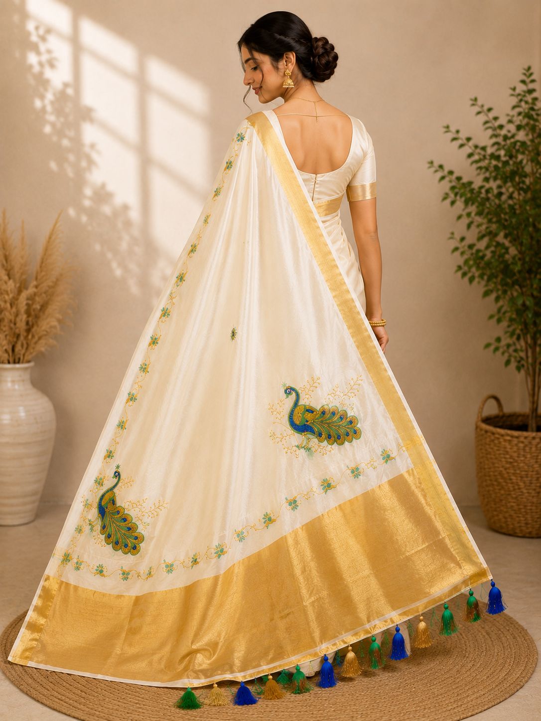 Peacock Elegance Ivory Saree Onam Edition - Image 4